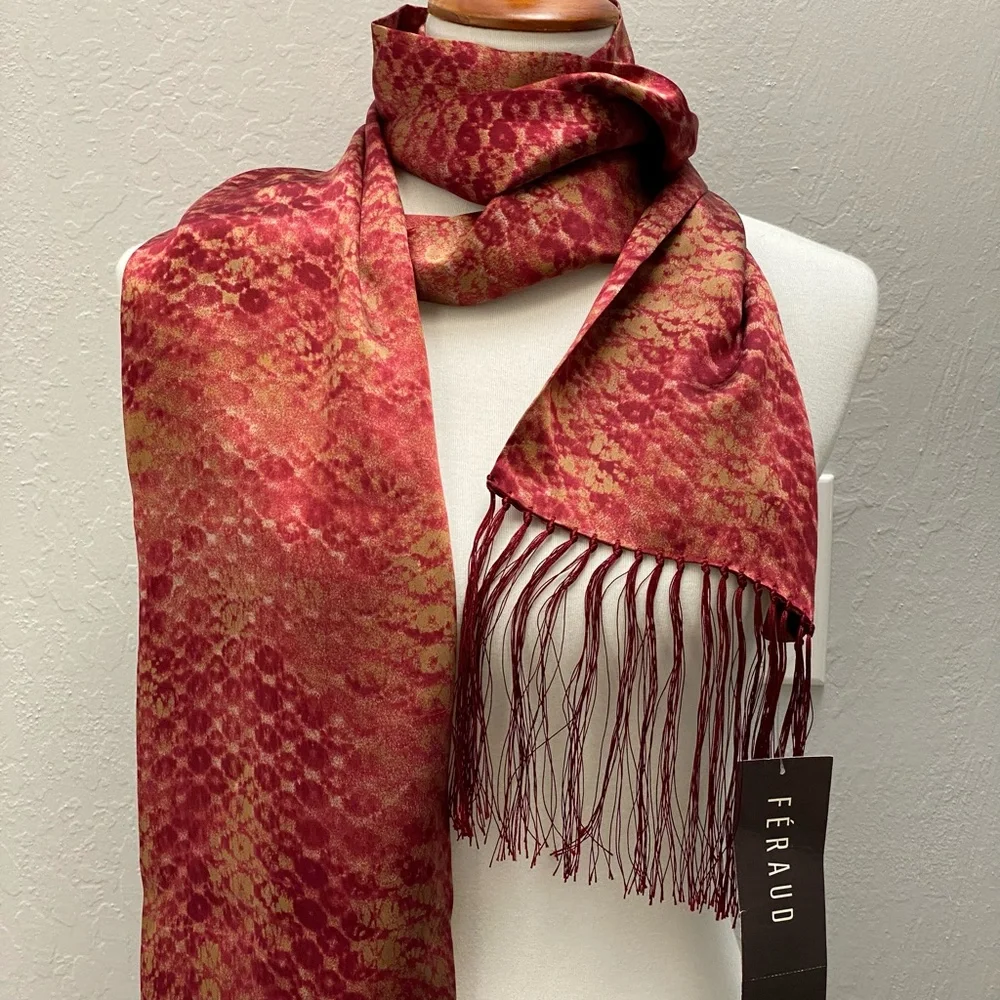 Rare Louis Feraud Scarf Deep Red with Fringe 100% Silk NWT Vintage - Picture 10 of 15
